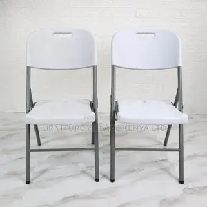 Office Chair; White Plastic Folding Chair With Grey Metal Frame