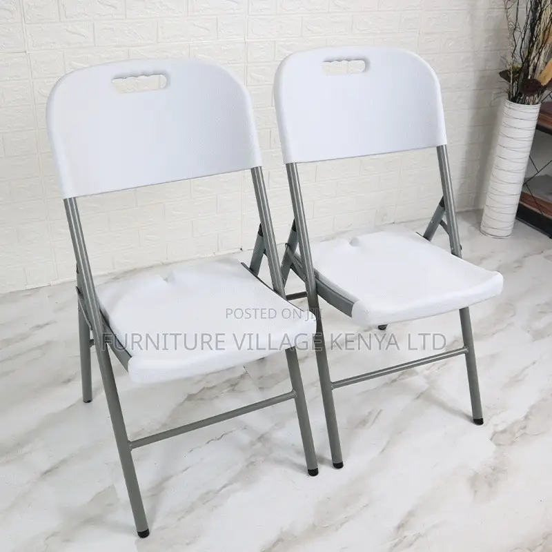 Office Chair; White Plastic Folding Chair With Grey Metal Frame