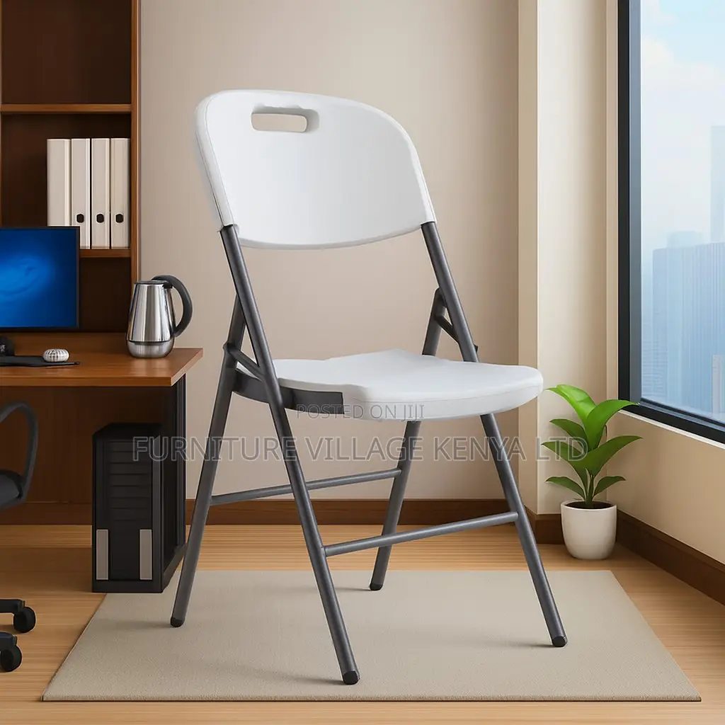 Office Chair; White Plastic Folding Chair With Grey Metal Frame