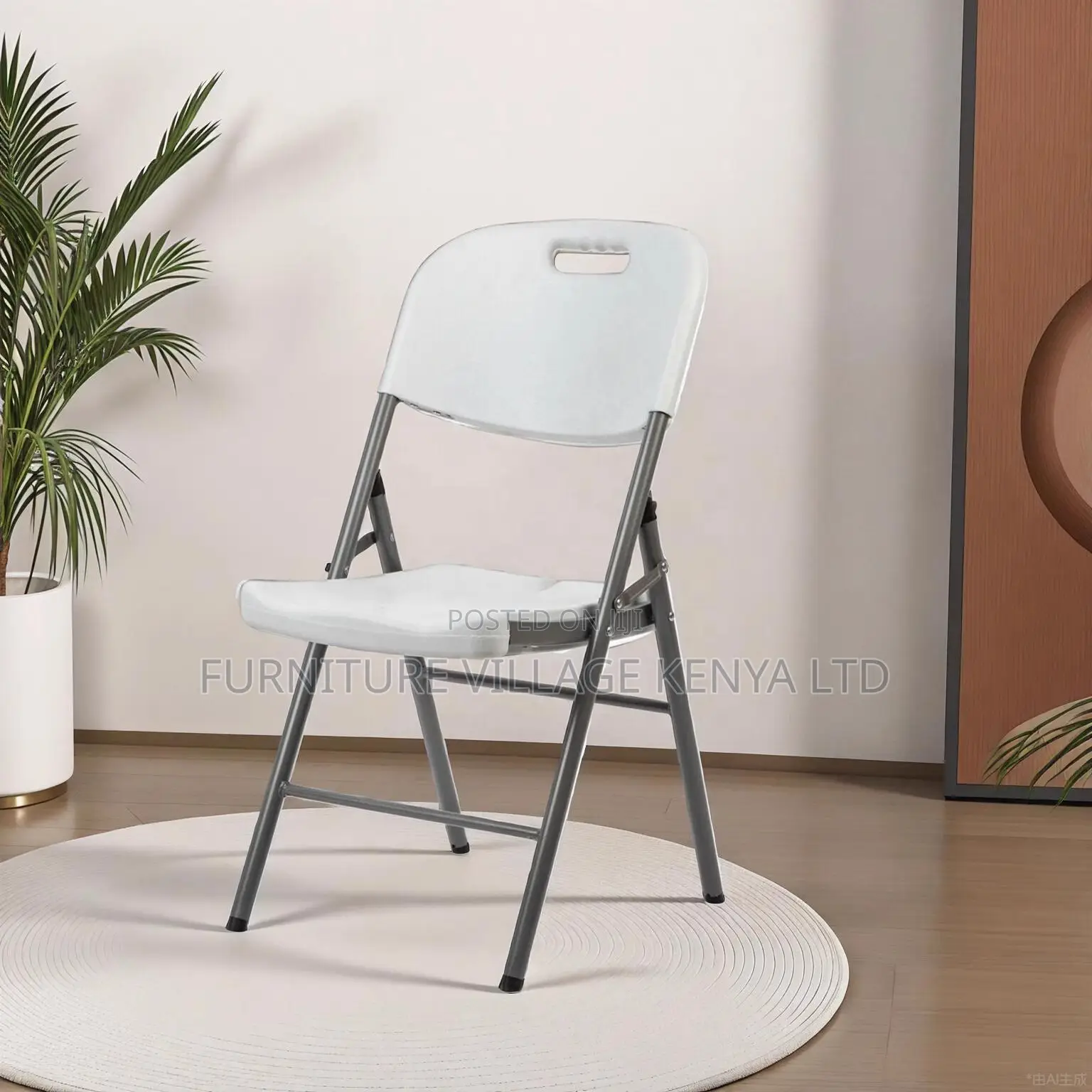 Office Chair; White Plastic Folding Chair With Grey Metal Frame