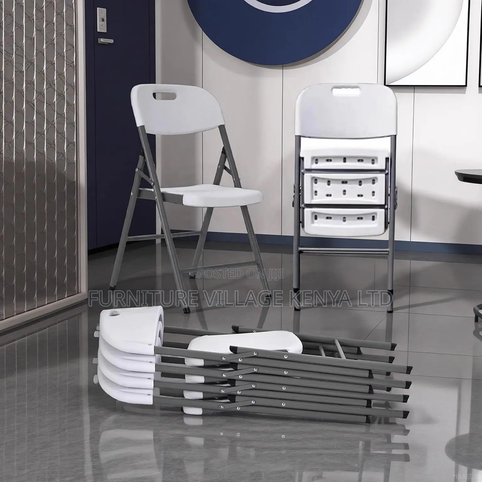 Office Chair; White Plastic Folding Chair With Grey Metal Frame
