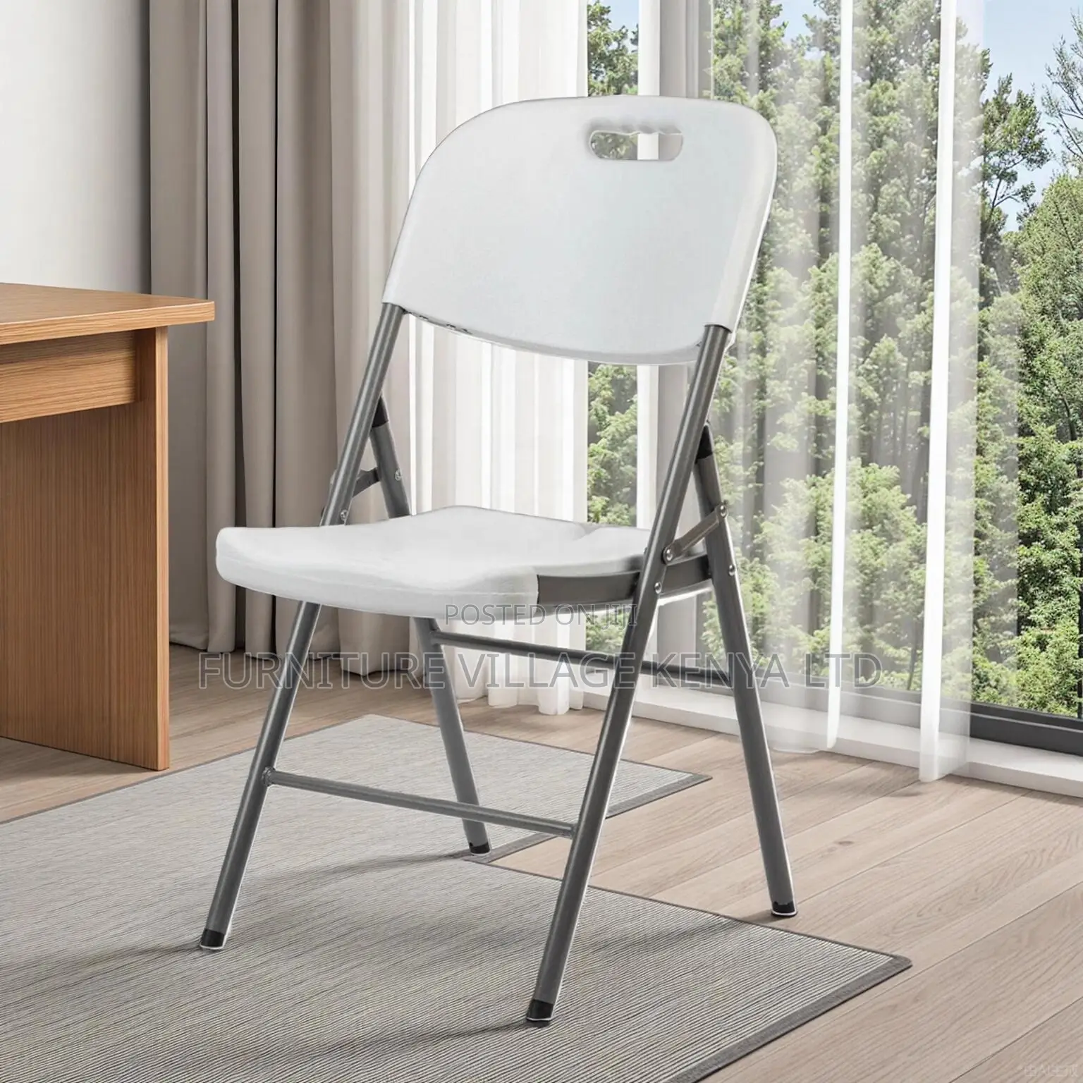 Office Chair; White Plastic Folding Chair With Grey Metal Frame