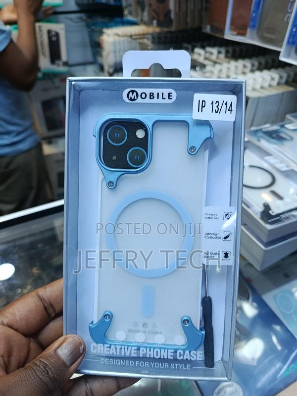 Phone Case With a Blue Metallic Frame and iPhone 13 and iPhone 14 Mode - main view