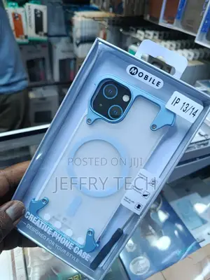 Phone Case With a Blue Metallic Frame and iPhone 13 and iPhone 14 Mode