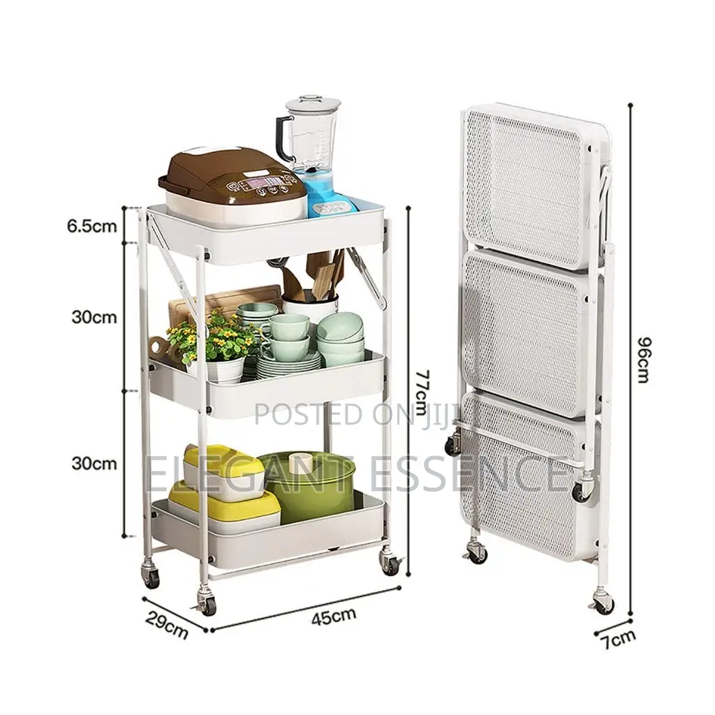 Foldable 3 Layer Metallic Mesh Trays Trolley Rack