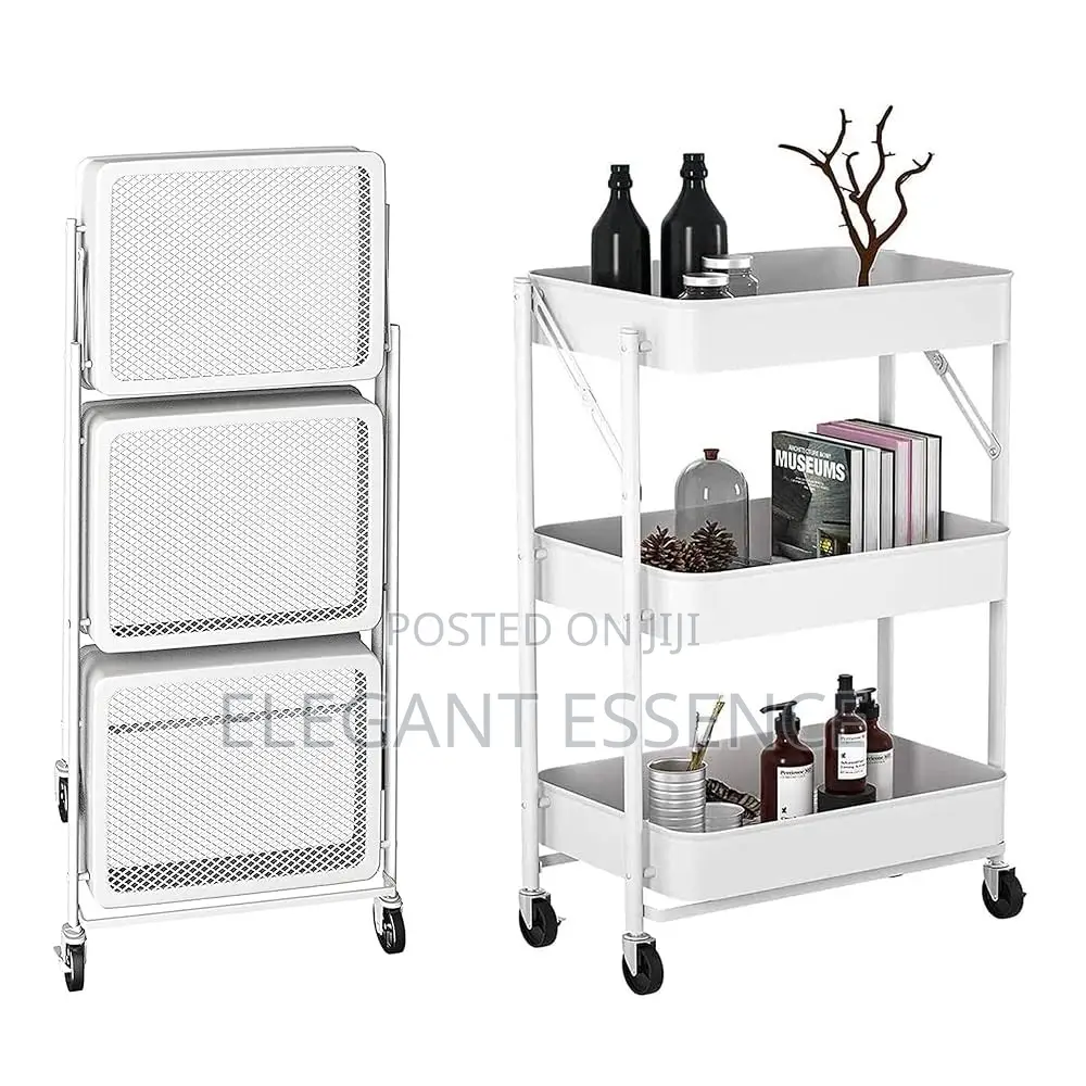 Foldable 3 Layer Metallic Mesh Trays Trolley Rack