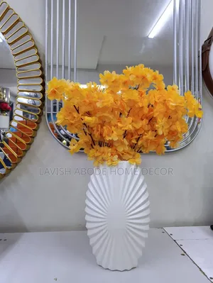Artificial Yellow Cherry Blossoms With Large White Nordic Vase