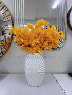 Artificial Yellow Cherry Blossoms With Large White Nordic Vase
