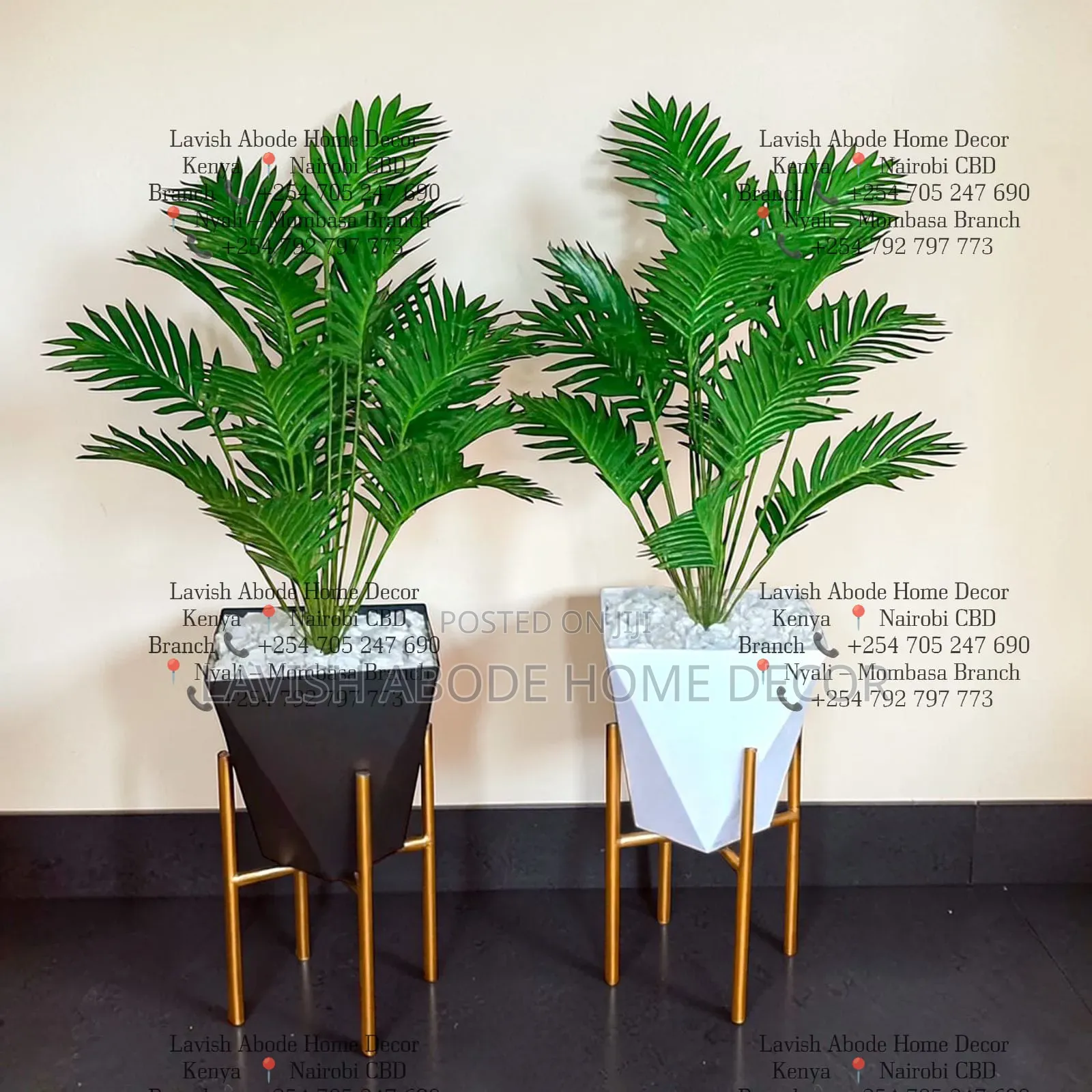 Decorative Artificial Fern Plant in a Hexagon Vase With a Gold Stand