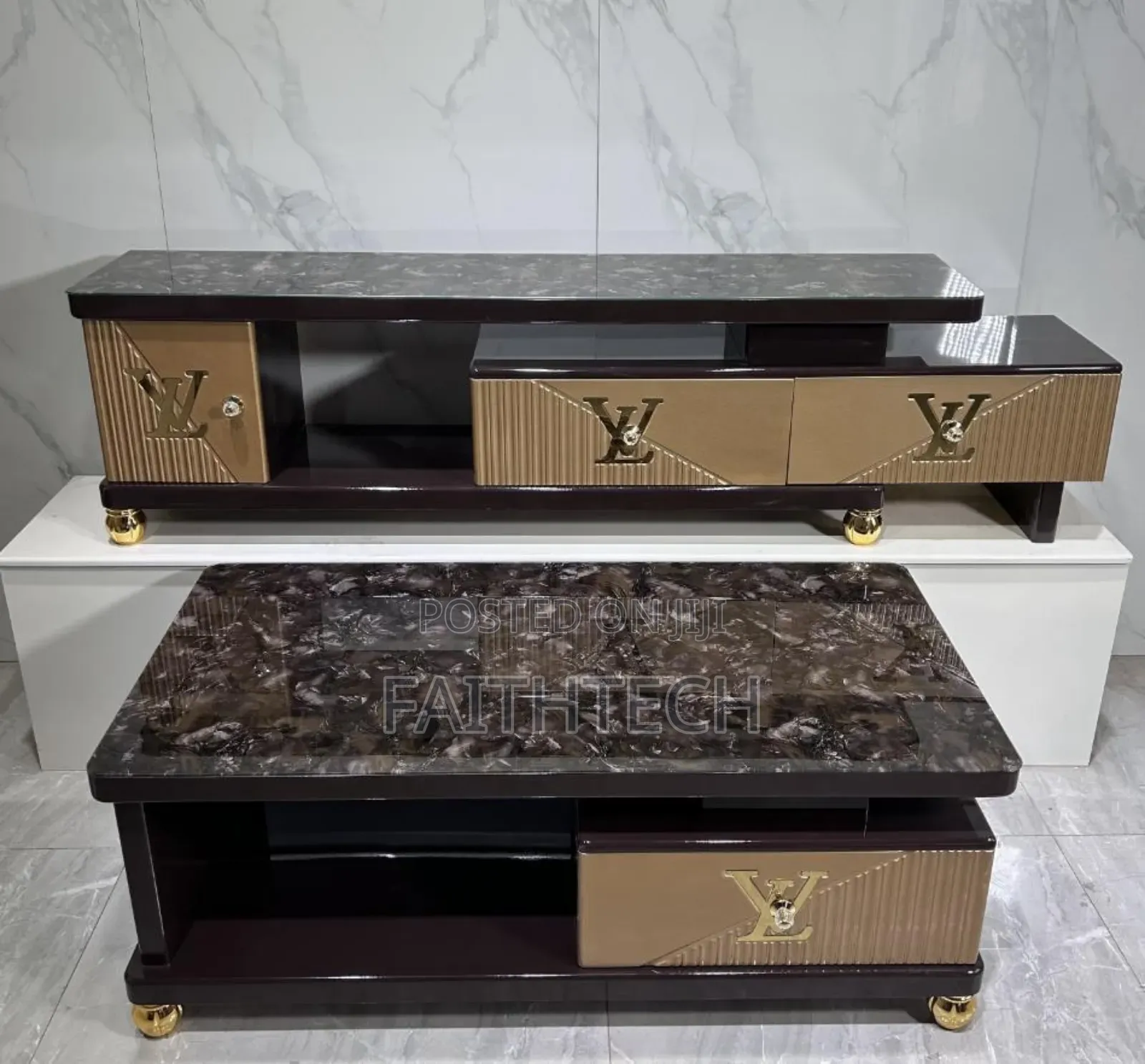 *Imported Top Marble Coffee Table With Adjustable/Expandable Tv Stand