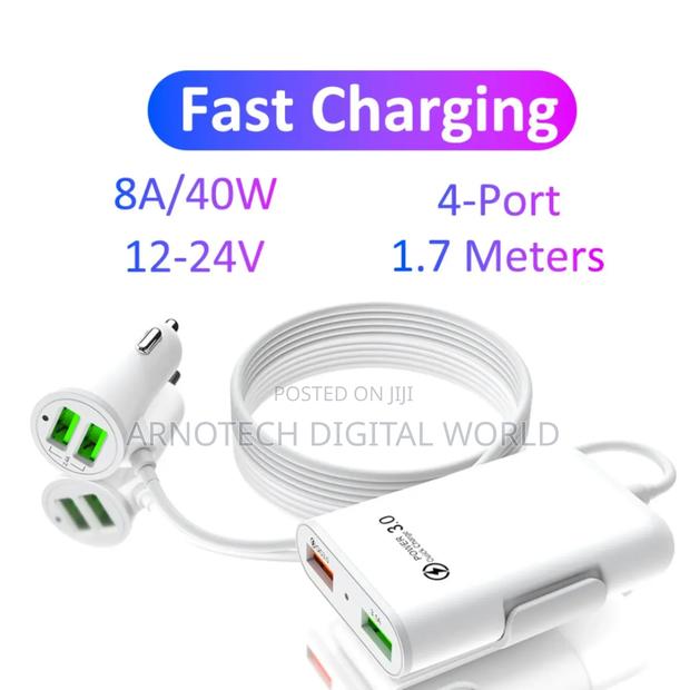 Multi Usb Port Backseat Clip Car Charger Extension Cord Long Cable