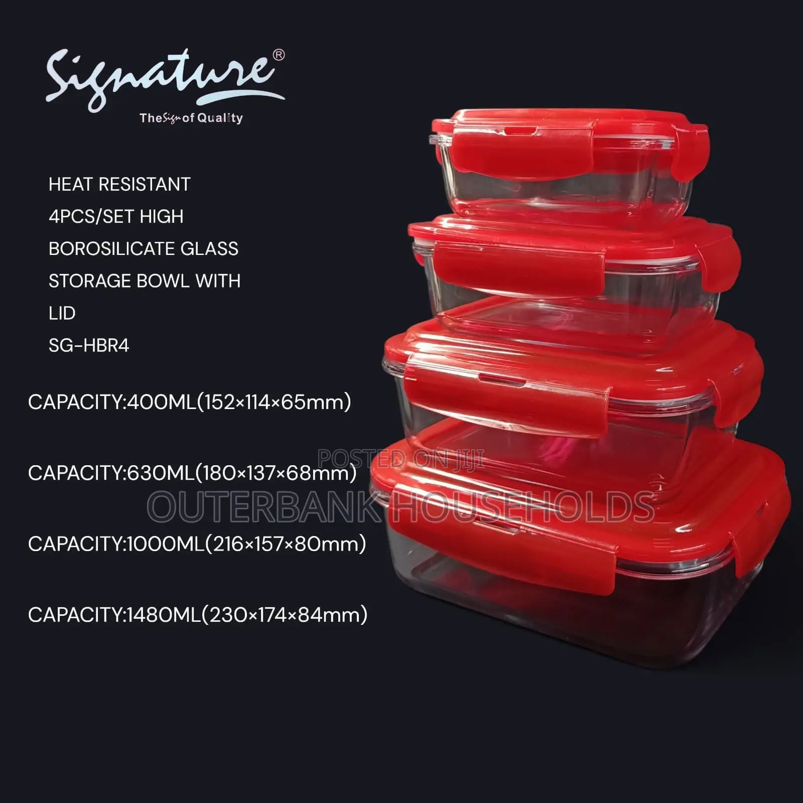 High Borosilicate 4pcs Glass Storage Bowl Rectangle With Lid