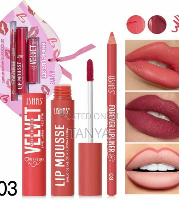 Ushas Lip Mousse + Lip Stick+Lipliner Makeup Bundle