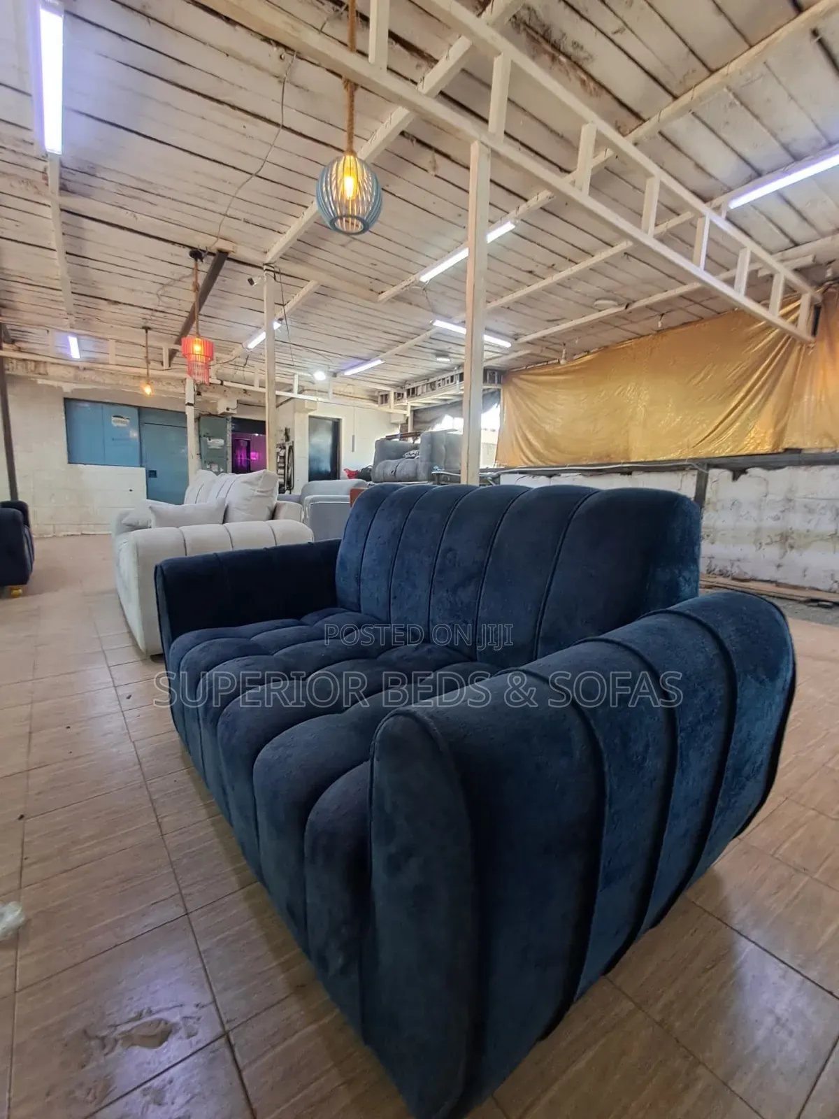 Modern Blue Velvet 3-Seater Sofa