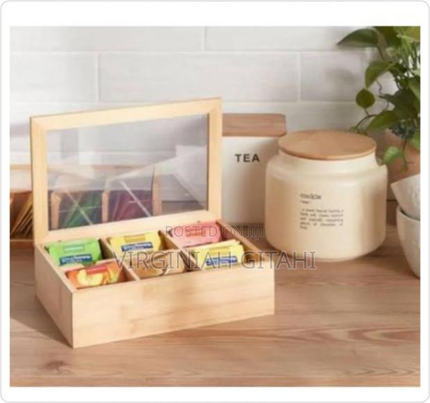 Brown *6 Compartment Bamboo Tea Bag Organizer With Clear Cover
