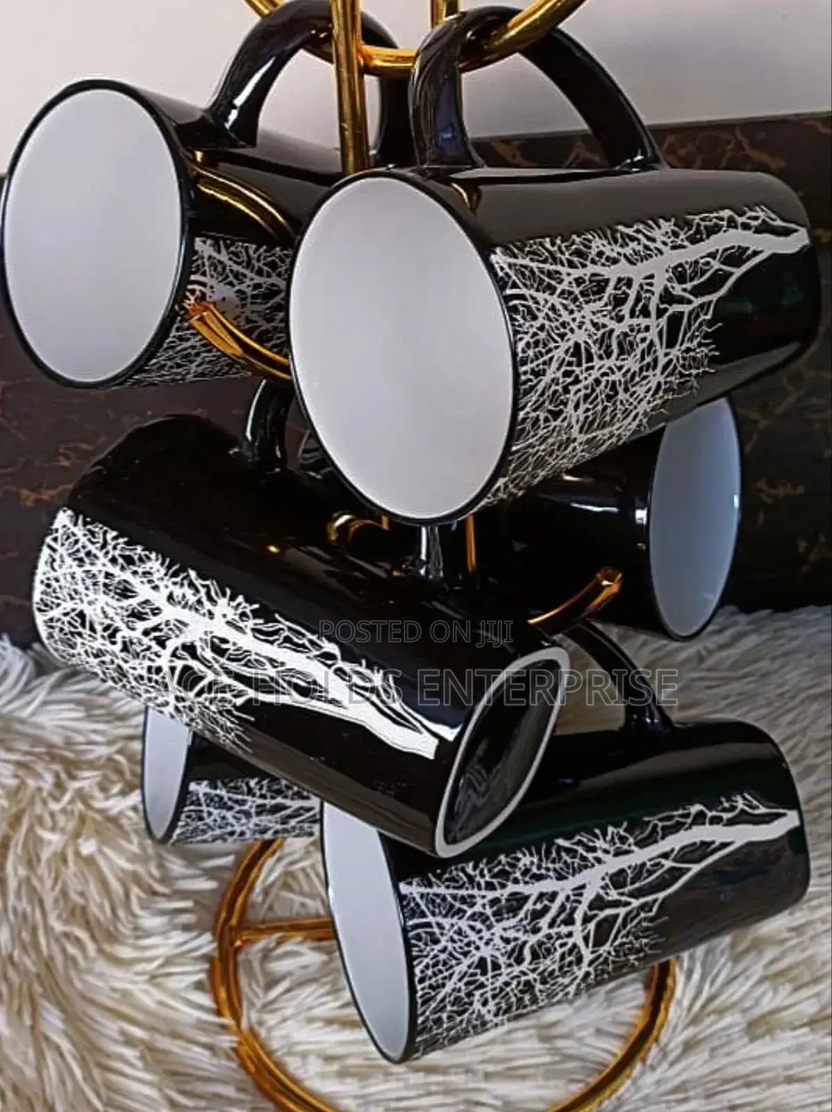 6 Pieces Black Ceramic Cups With Unique Tree Design