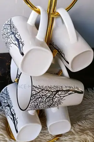 6 Pieces (White) Ceramic Cups - Unique Tree Design