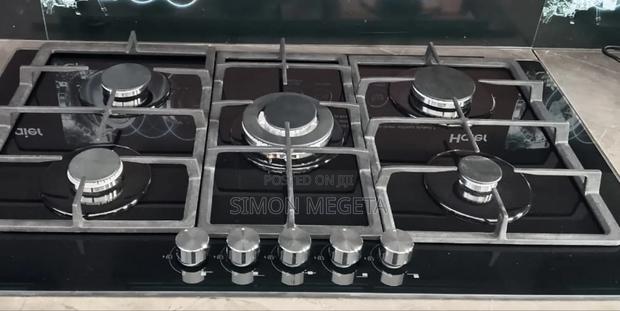 Haier 5-Burner Built-in Gas Hob Hob-S775b 75cm Black Glass, Wok Burner