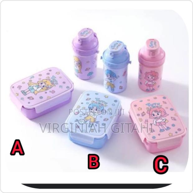 Blue Lunch Box+ a Bottle* With Compartment Insides and a Spoon, Folk*