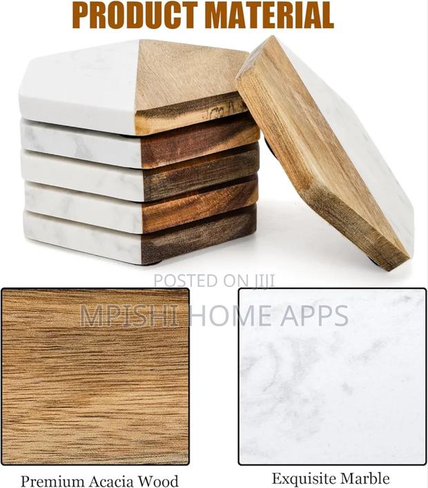 6pcs Hexagon White Marble and Wood Coasters - thumbnail 4