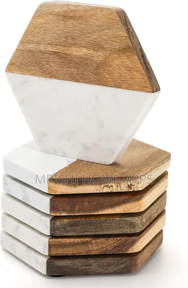 6pcs Hexagon White Marble and Wood Coasters - thumbnail 5