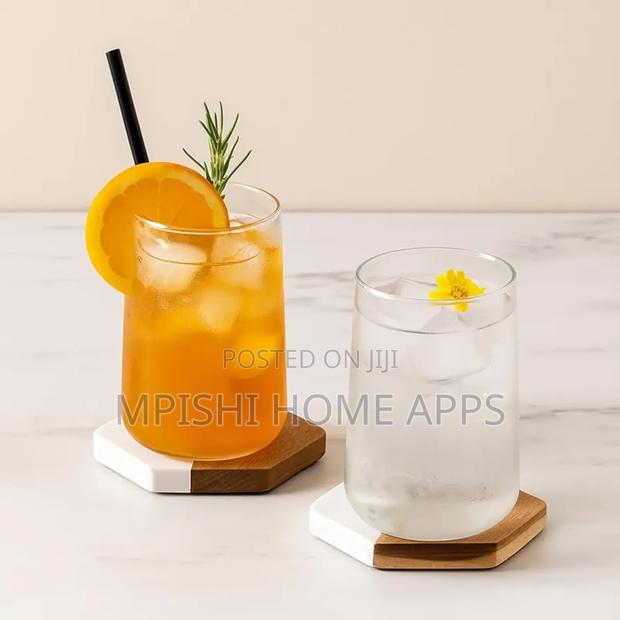 6pcs Hexagon White Marble and Wood Coasters - thumbnail 7