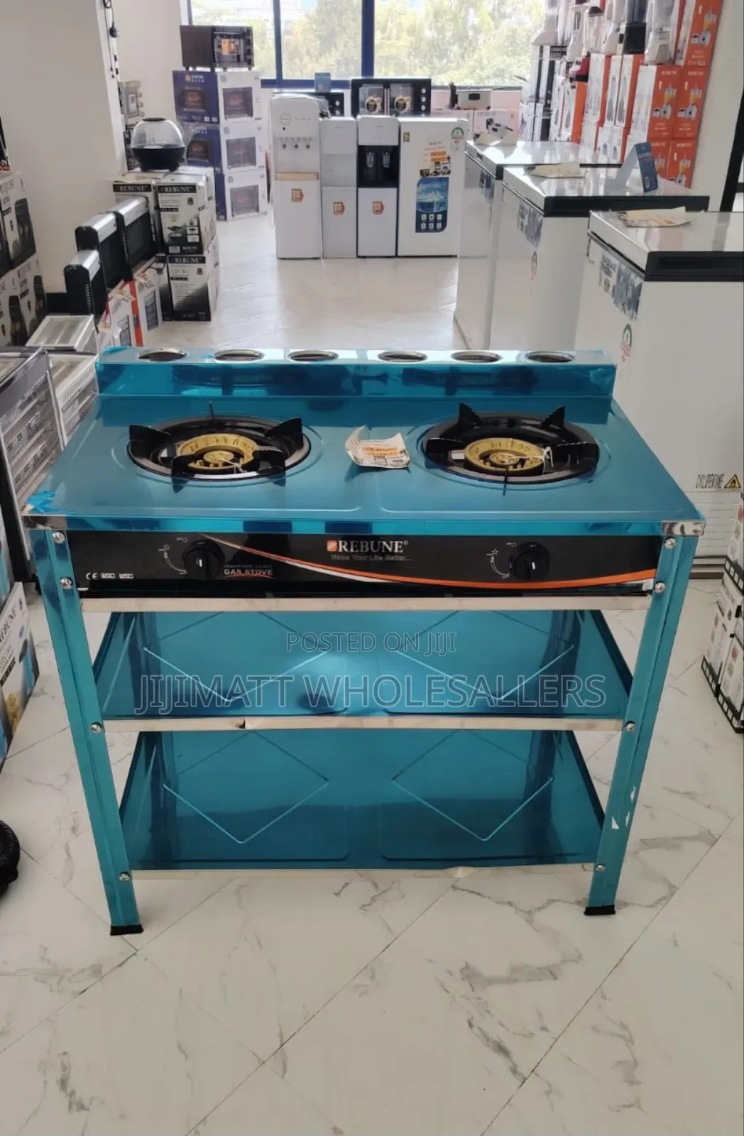 Heavy Duty Rebune Double Burner Standing Gas Stove With Shelves