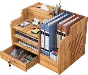 Bamboo Desk Organizer, Desktop Wood Bookshelf File Organizer,