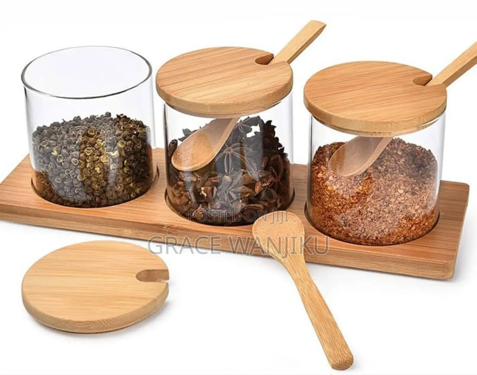 High Quality 3in1 Glass Sugar Set With Bamboo Stand, Lids and Spoons