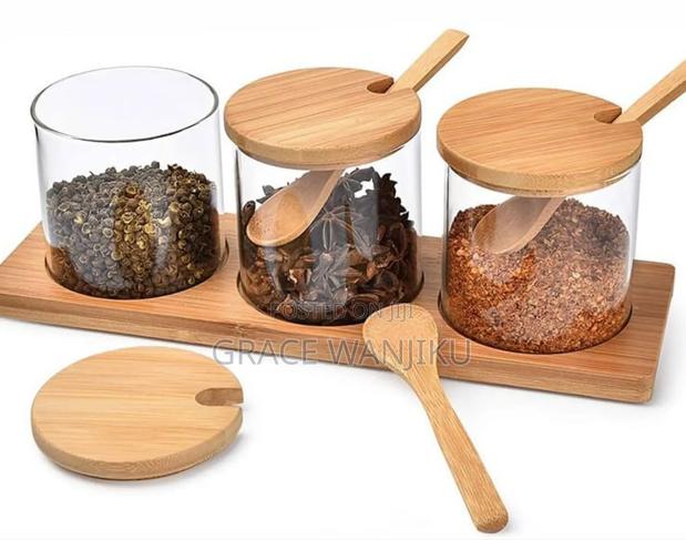 High Quality 3in1 Glass Sugar Set With Bamboo Stand, Lids and Spoons