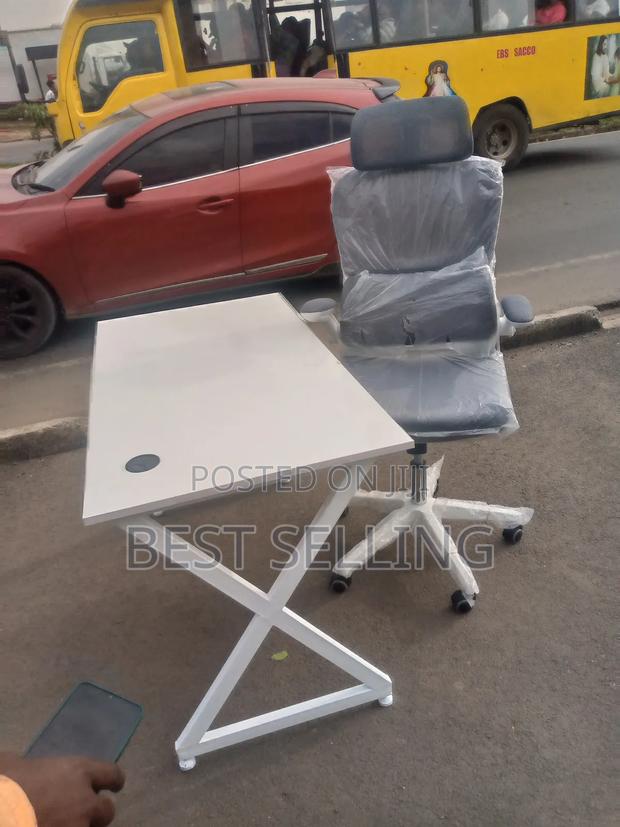 White Metallic Stand Table and White Brown Executive Chair