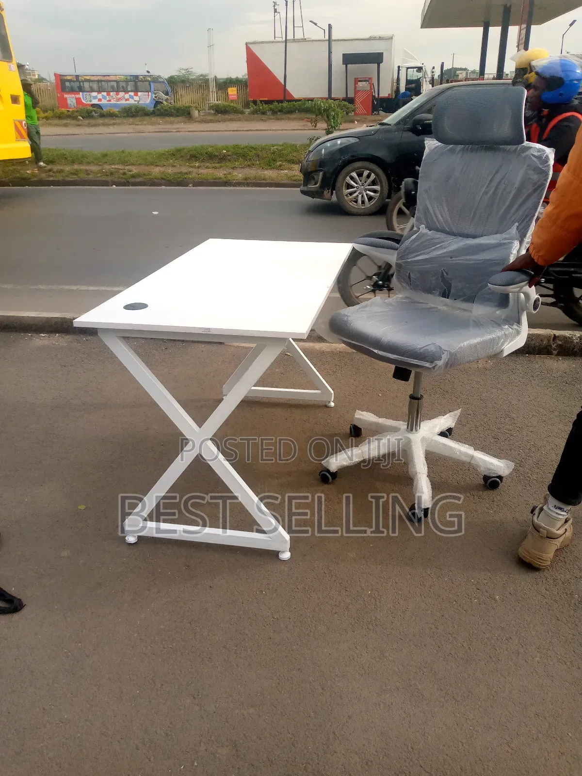 White Metallic Stand Table and White Brown Executive Chair