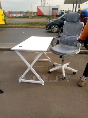 White Metallic Stand Table and White Brown Executive Chair