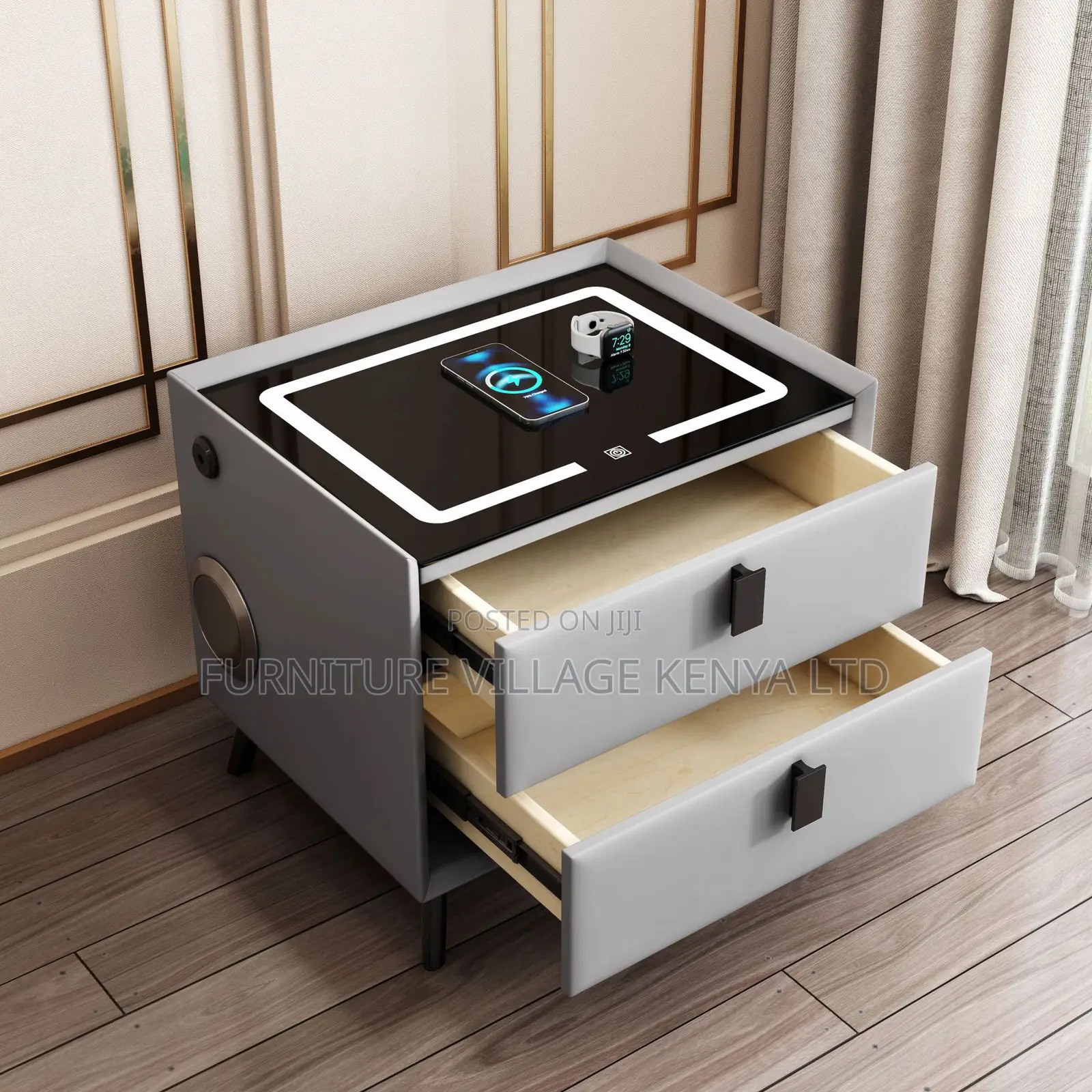 Bed Cabinet; 2-Drawer Bedside Cabinet With Led and Fingerprint