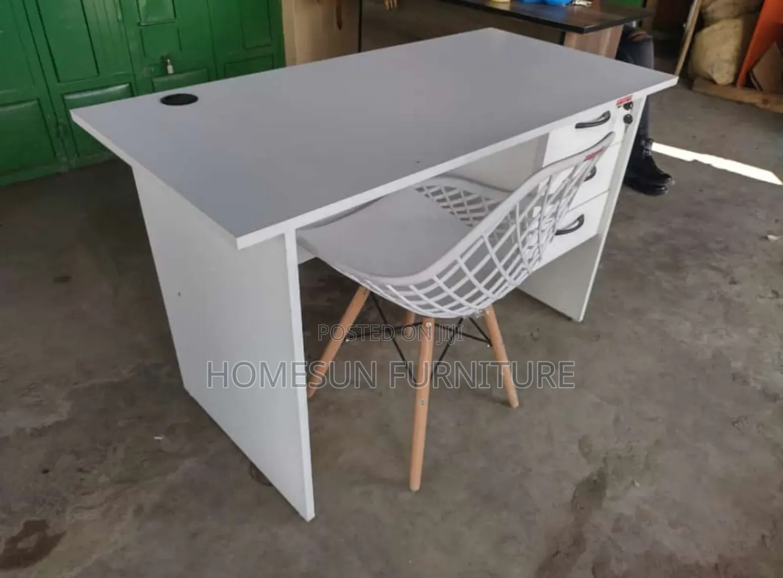 White Office Desk and White Mesh Eames Chair