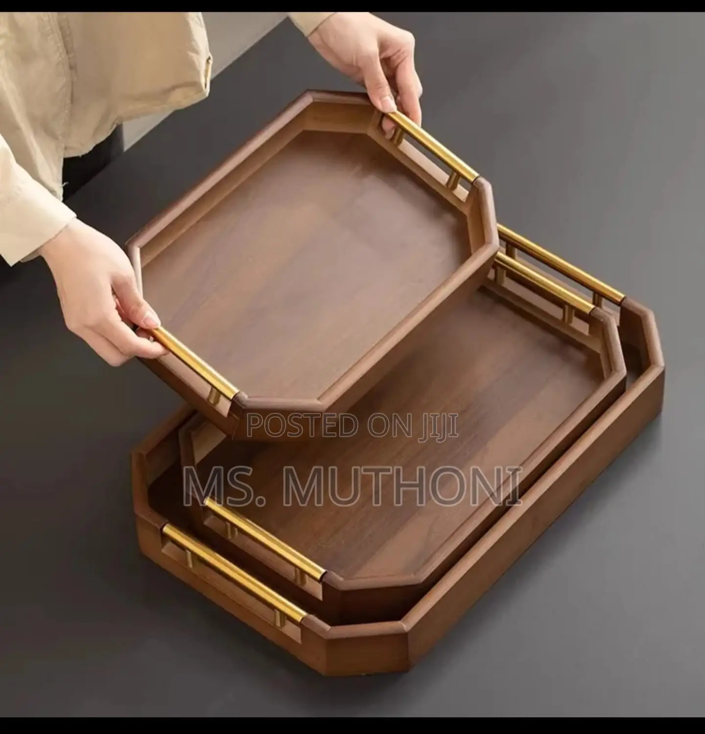 3pcs Premium Wooden Serving Tray Set With Decorative Gold Handles,