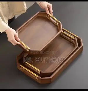 3pcs Premium Wooden Serving Tray Set With Decorative Gold Handles,