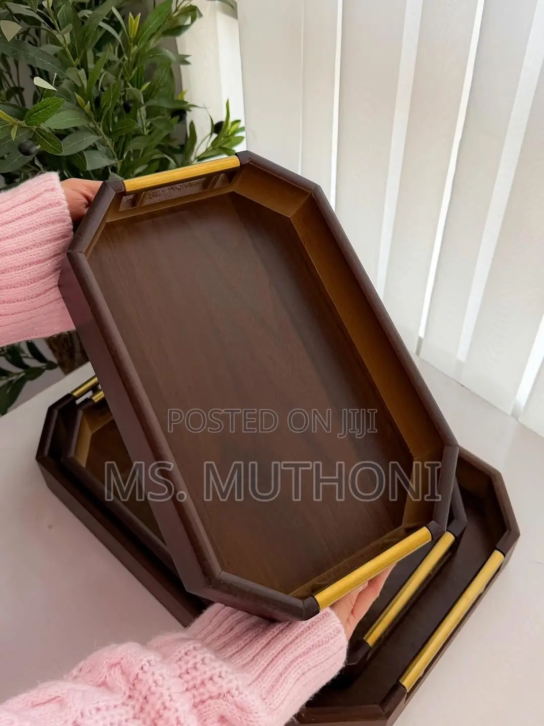 3pcs Premium Wooden Serving Tray Set With Decorative Gold Handles,