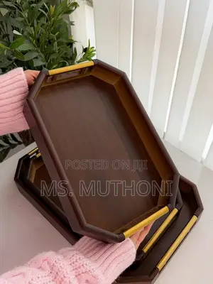 3pcs Premium Wooden Serving Tray Set With Decorative Gold Handles,