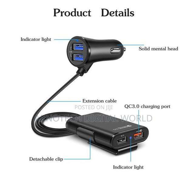 4 Usb Ports Front Back Car Charger With 6ft Extension Cord Cable - thumbnail 2