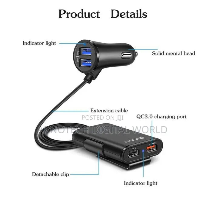 4 Usb Ports Front Back Car Charger With 6ft Extension Cord Cable