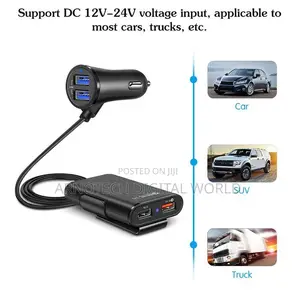4 Usb Ports Front Back Car Charger With 6ft Extension Cord Cable