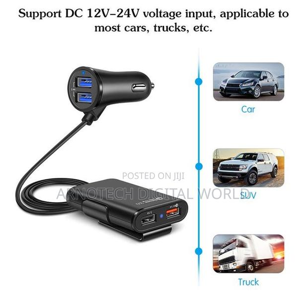 4 Usb Ports Front Back Car Charger With 6ft Extension Cord Cable - thumbnail 3
