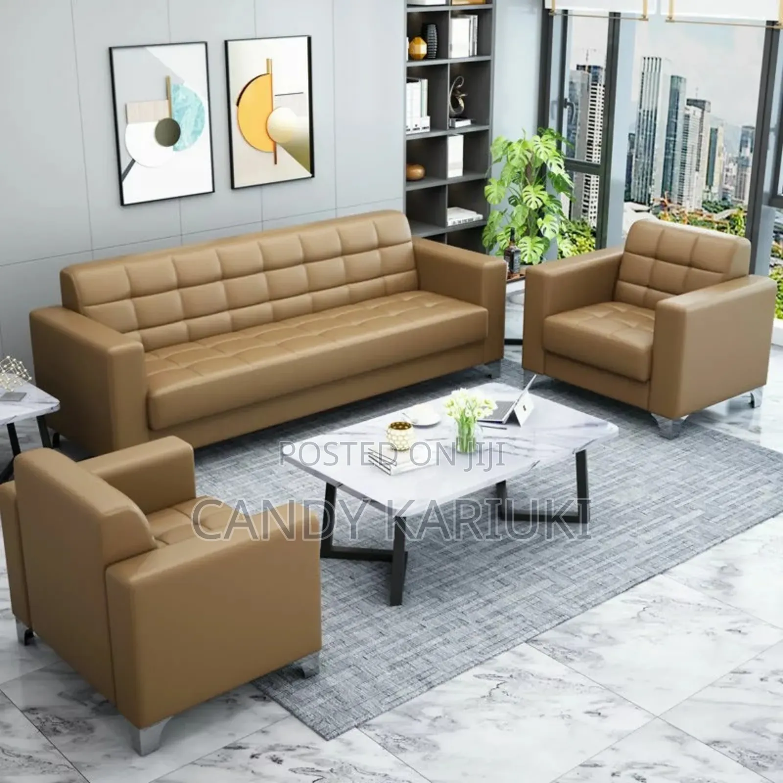 5 Seater Office Reception Sofa Set in Beige Leather (3+1+1)