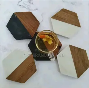 6 in 1 Hexagon White Marble Wood Coasters Ao