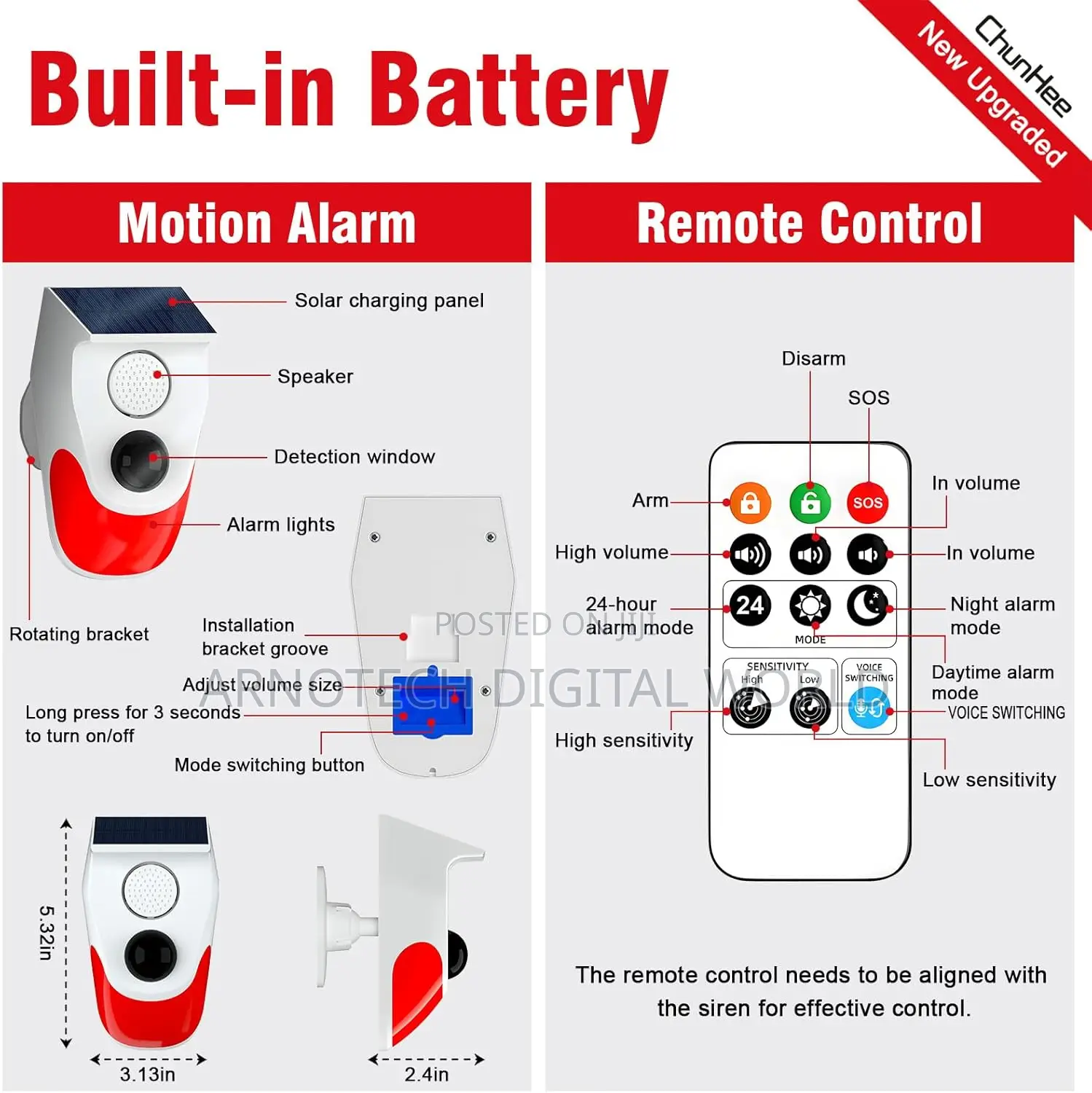 Adjustable Motion Sensor Loud Siren Security With Remotecontrol Alarm