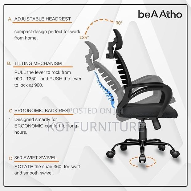 Office Chairs; Ergonomic Office Seat With Adjustable Headrest - thumbnail 2