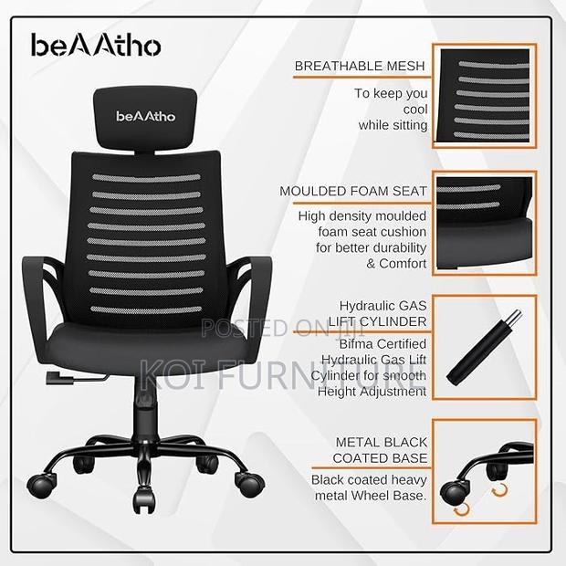 Office Chairs; Ergonomic Office Seat With Adjustable Headrest - thumbnail 4
