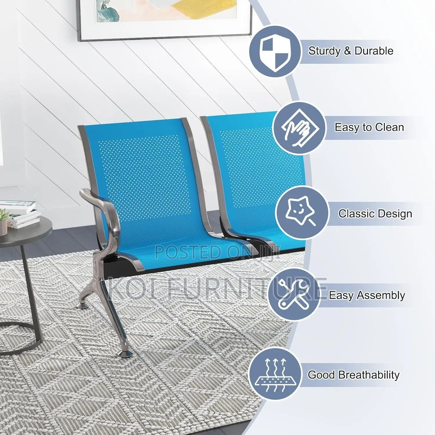 Office Bench; Blue Three Seaters Metallic Office Reception Bench