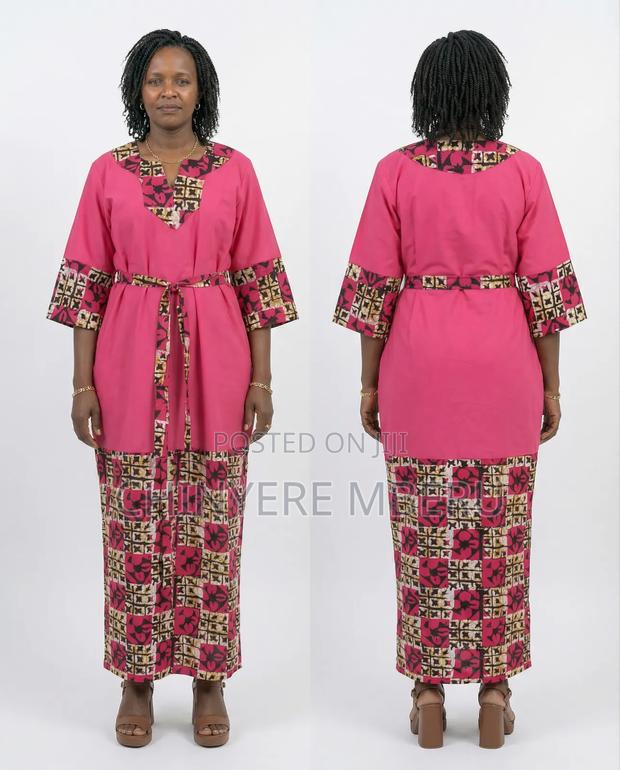 Long Pink and Tie Dye Kaftan Dress With Waist Tie - thumbnail 2